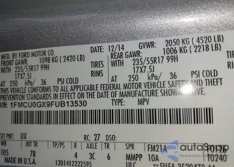 2015 Ford Escape Se from USA, damaged, VIN 1FMCU0GX9FUB13530